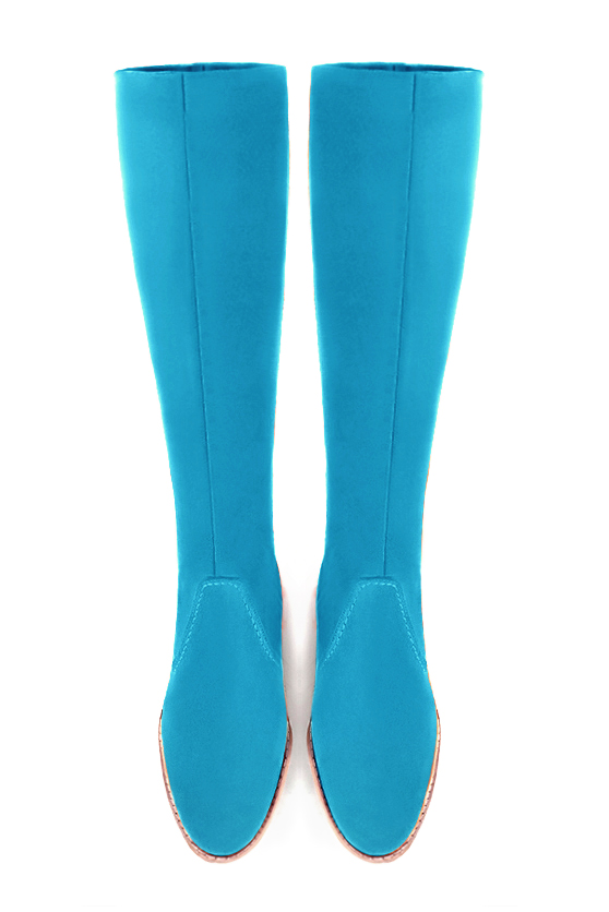 Turquoise blue women's riding knee-high boots. Round toe. Low leather soles. Made to measure. Top view - Florence KOOIJMAN